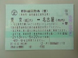 新幹線回数券バラ　東京ｰ名古屋間（乗車券・新幹線指定席特急券）発行から1カ月過ぎた物